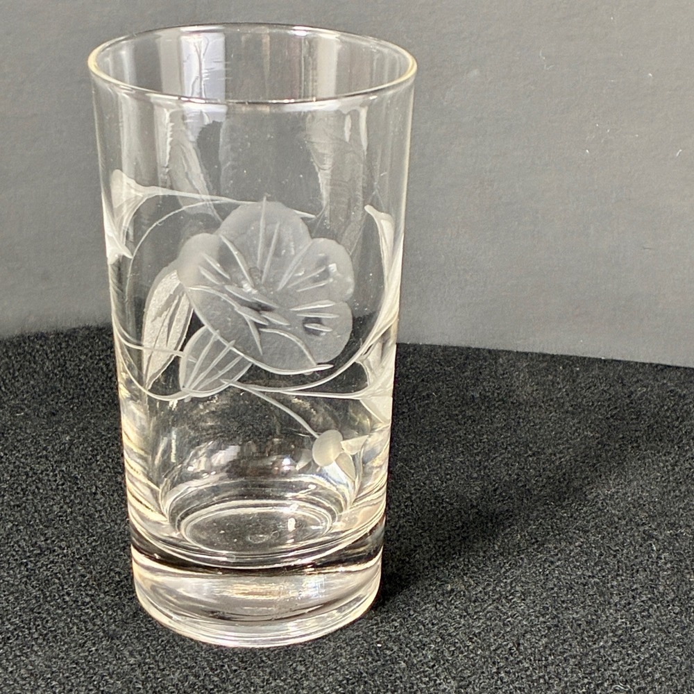 VTG Federal Glass Cut Floral Highball Tumbler Etched Glass Flower Morning Glory